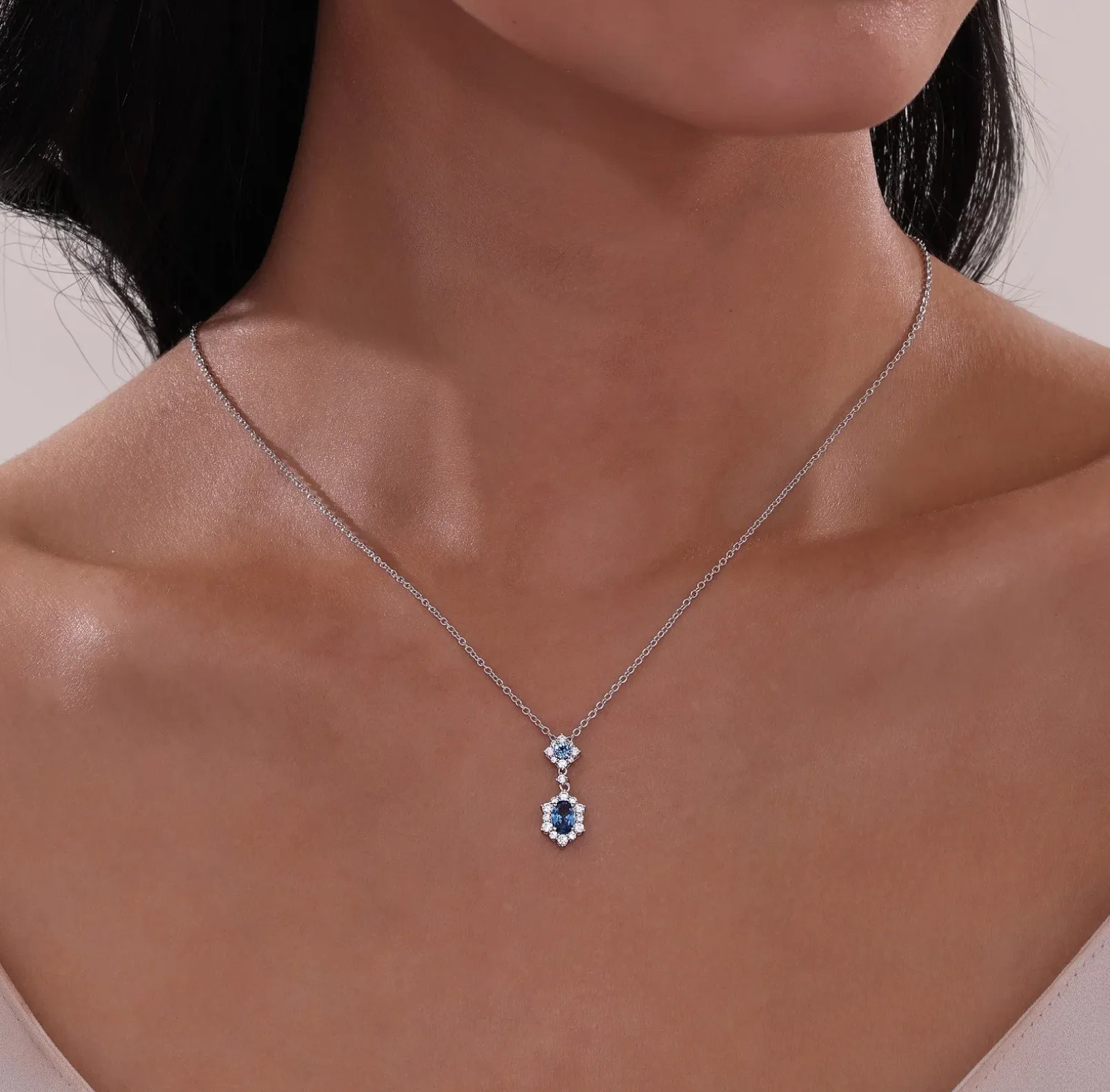 1.02 CTW Blue Topaz Oval Halo STUDS Necklace