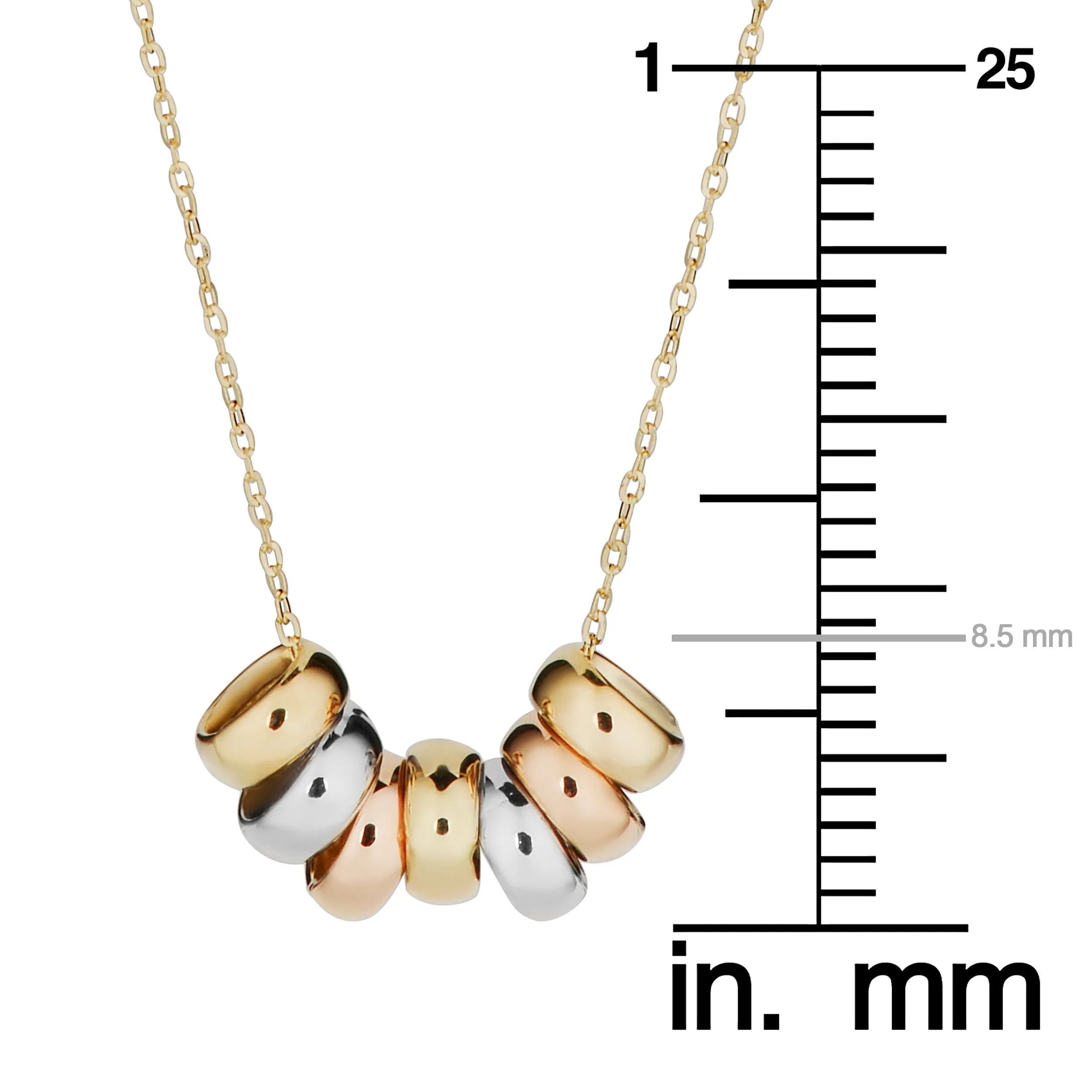 10k Tricolor Gold Seven Lucky Rings Necklace Minimalist Jewelry (adjusts to 17 or 18 inch)