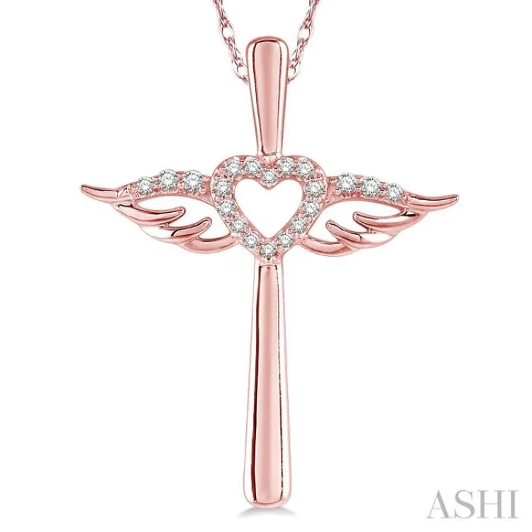 1/10 ctw Angel Wing & Heart Round Cut Diamond Cross Pendant With Chain in 10K Rose Gold