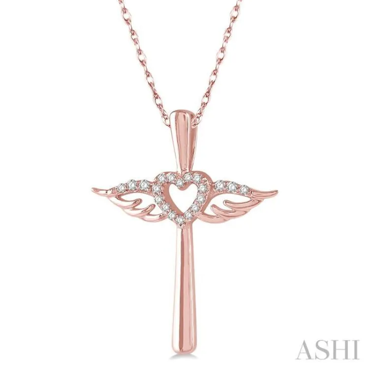 1/10 ctw Angel Wing & Heart Round Cut Diamond Cross Pendant With Chain in 10K Rose Gold