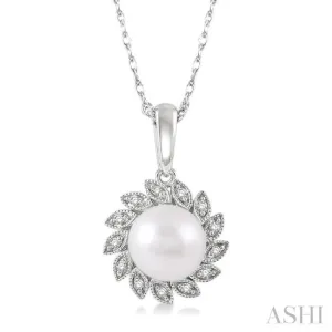 1/10 Ctw Sunflower 7x7 MM Cultured Pearl and Round Cut Diamond Pendant With Chain in 10K White Gold