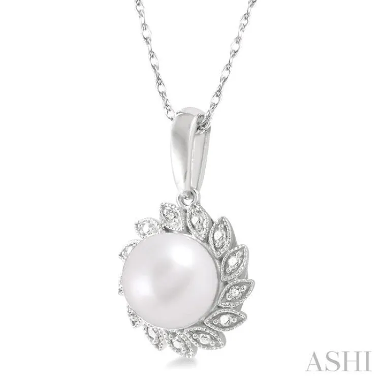 1/10 Ctw Sunflower 7x7 MM Cultured Pearl and Round Cut Diamond Pendant With Chain in 10K White Gold