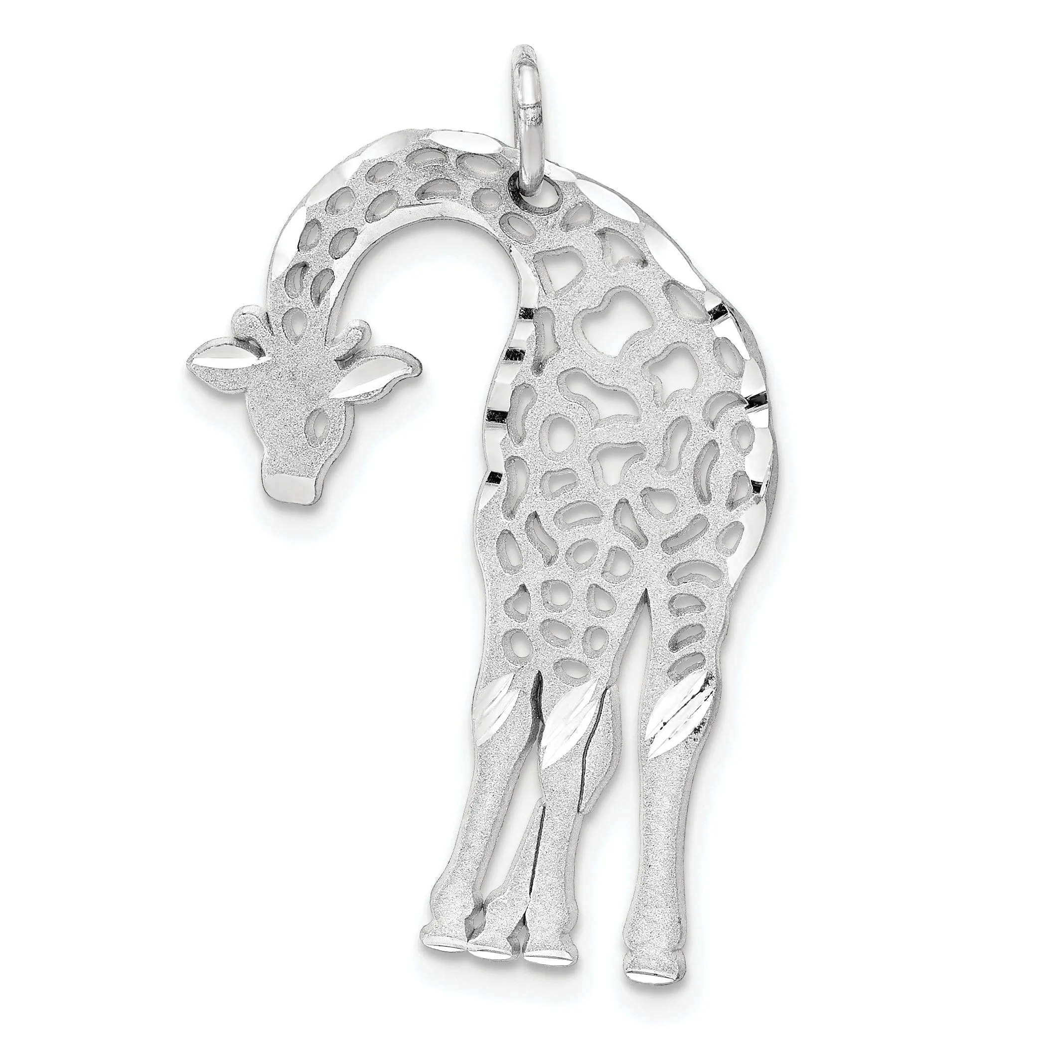 14k White Gold Flat Back Brushed Diamond Cut Cut Out Finish Giraffe Charm Pendant