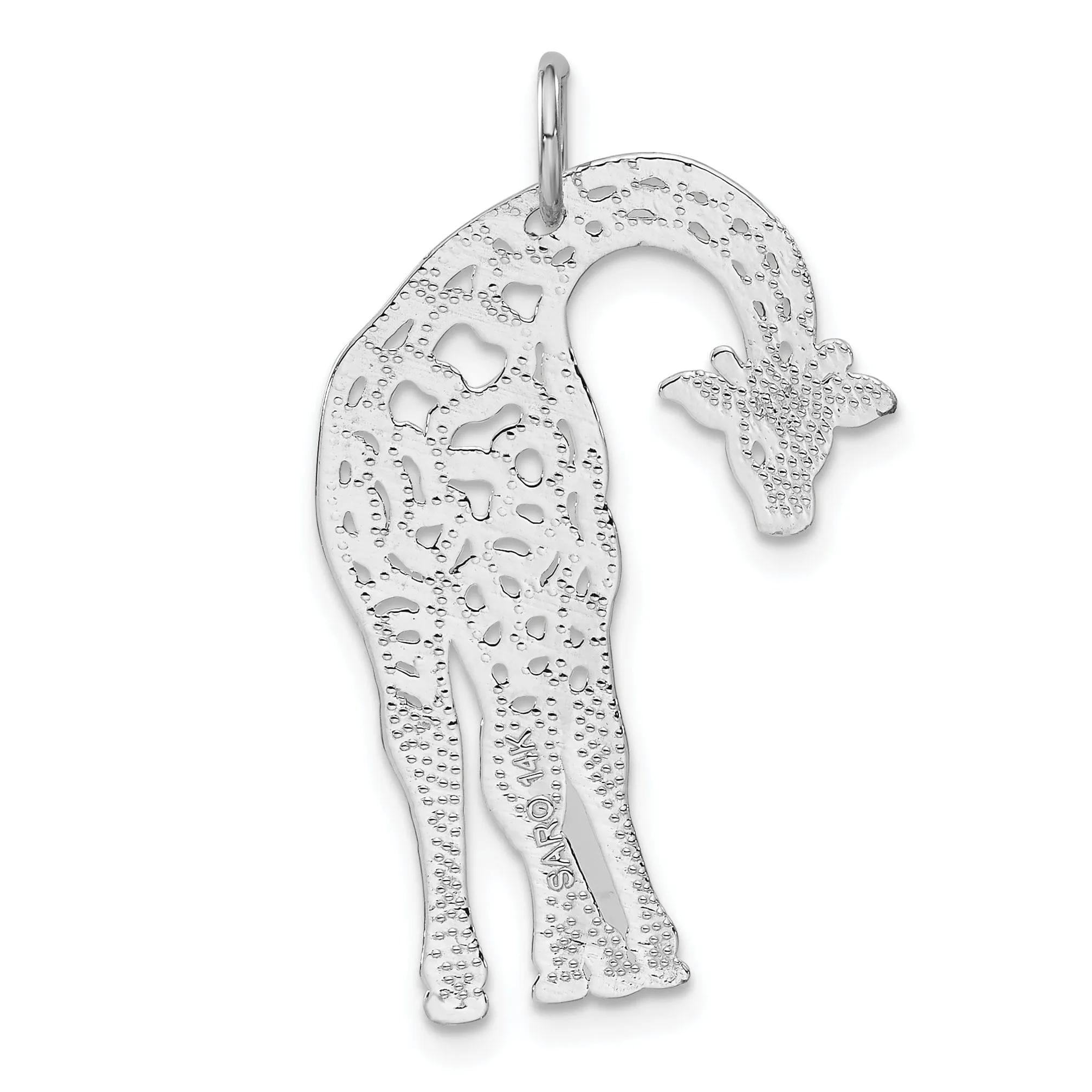 14k White Gold Flat Back Brushed Diamond Cut Cut Out Finish Giraffe Charm Pendant