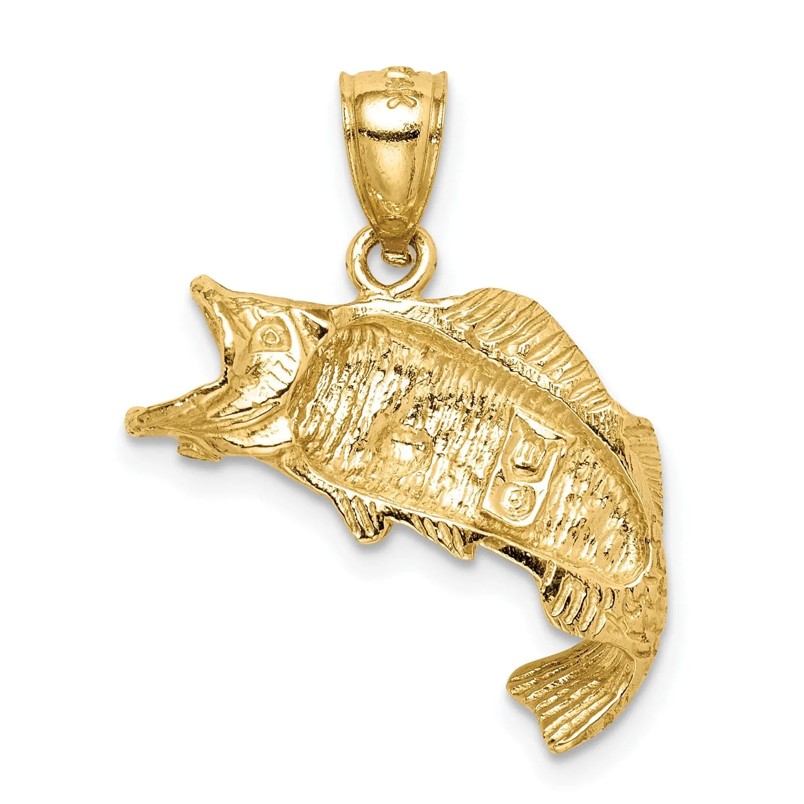 14k White Gold Solid Polished Textured Finish Bass Fish Charm Pendant