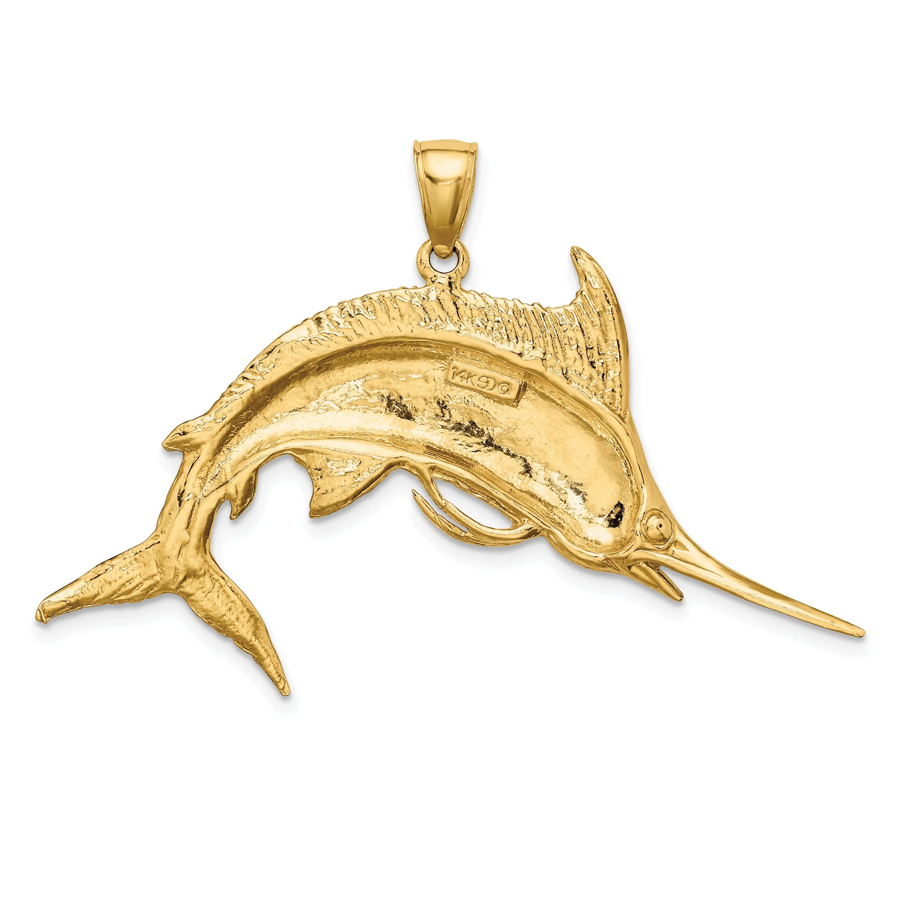 14K Yellow Gold 2D Textured Polished Solid Satin Finish Blue Marlin Fish Charm Pendant