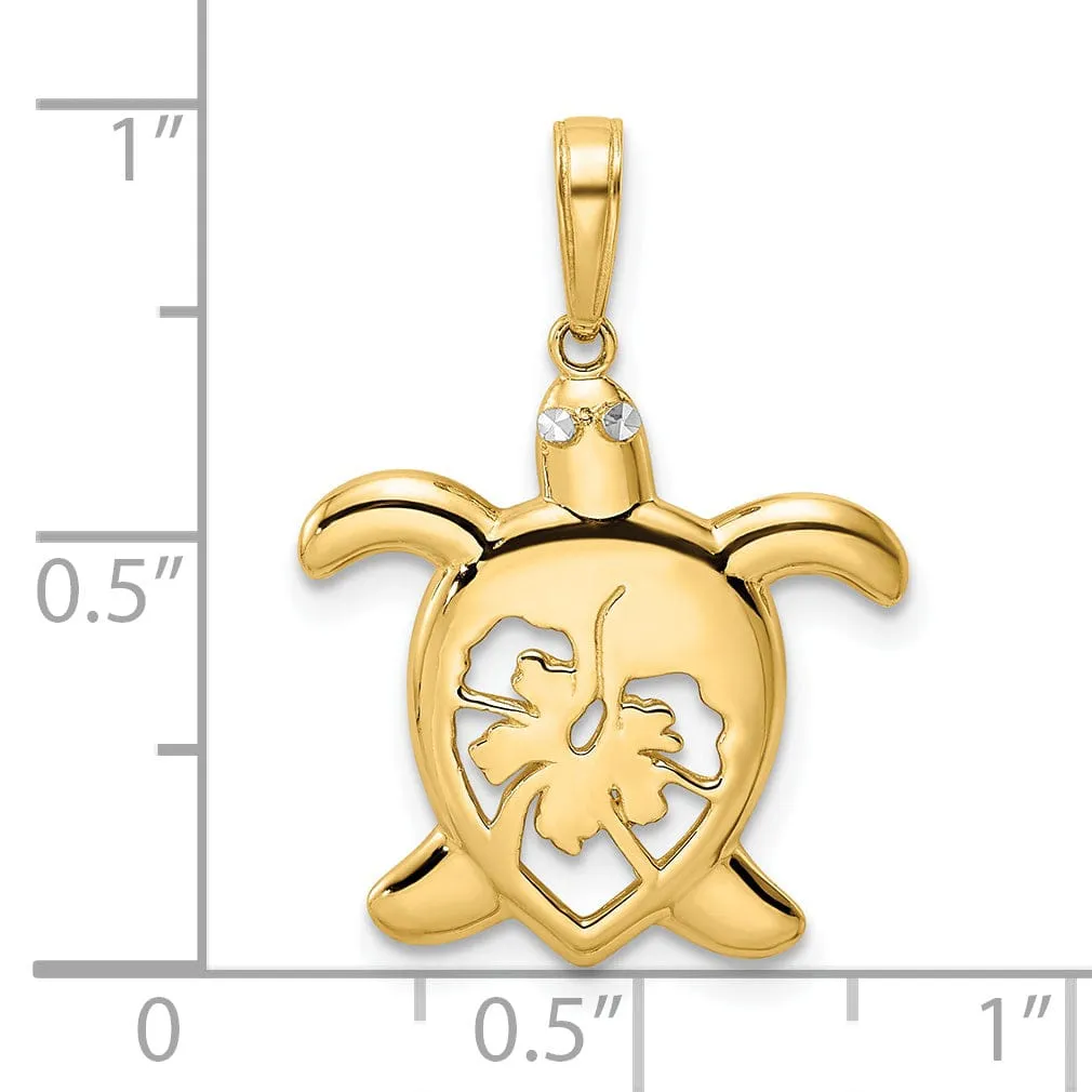 14k Yellow Gold and White Rhodium Casted Diamond-cut Solid Polished Finish Floral Turtle Charm Pendant