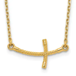 14k Yellow Gold Polished Finish Small Size Sideways Curved Twist Design Cross Pendant in a 19-Inch Cable Chain Necklace Set