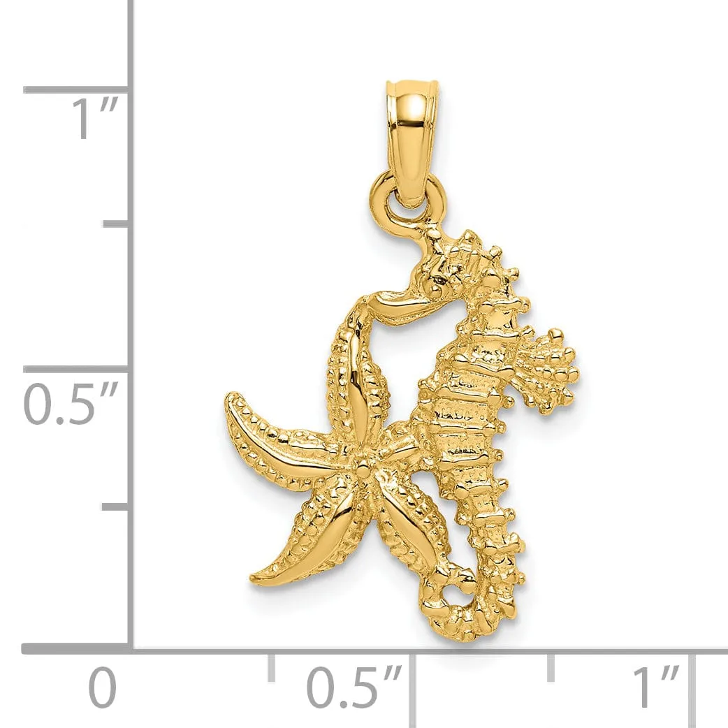 14K Yellow Gold Polished Texture Finish Solid Starfish and Seahorse Design Charm Pendant