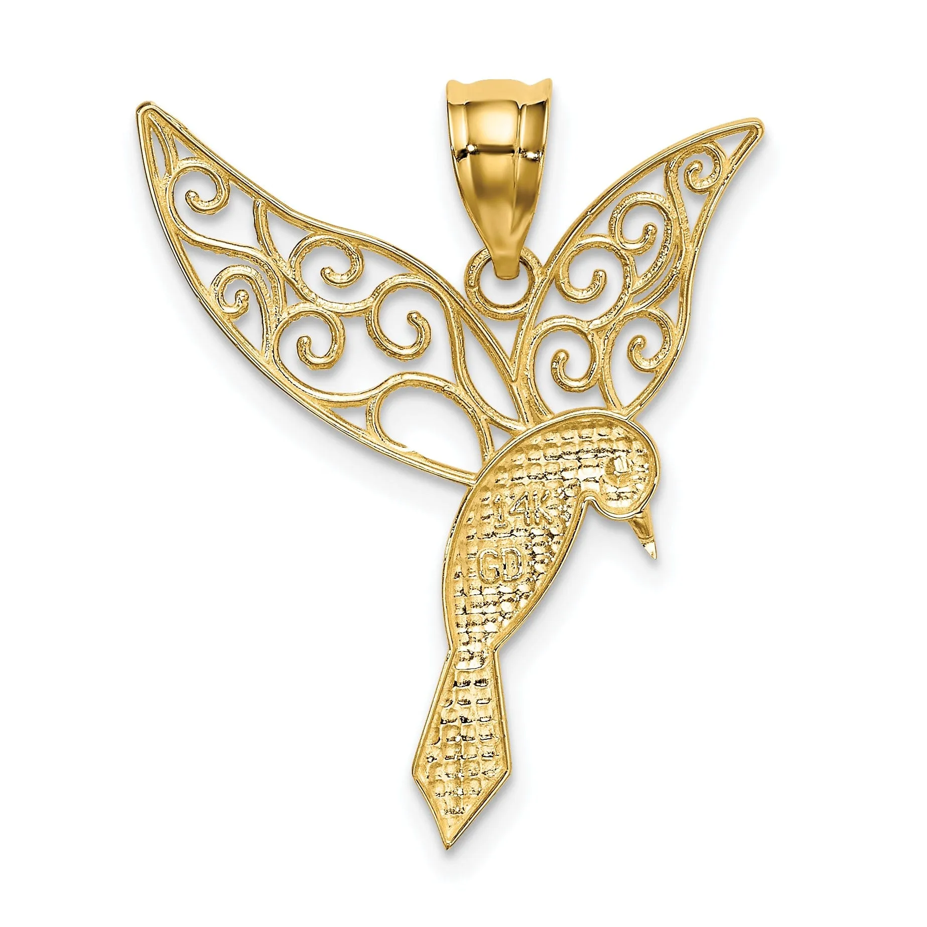 14k Yellow Gold Solid Open Back Polished Finish Filigree Flying Hummingbird Design Charm Pendant