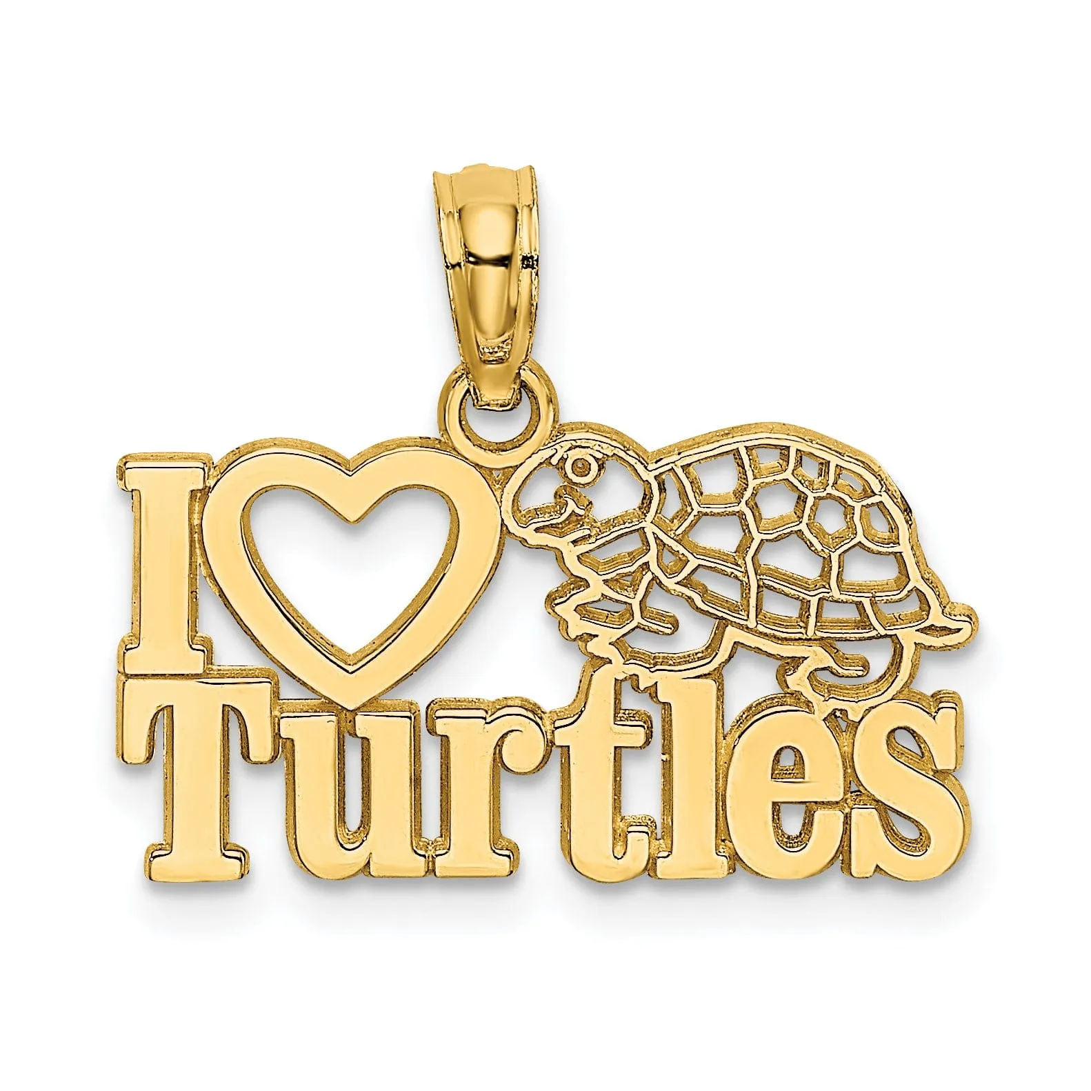 14k Yellow Gold Solid Polished Finish Casted I HEART TURTLES Charm Pendant