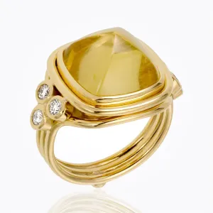 18K Classic Cushion Ring with yellow beryl and diamond