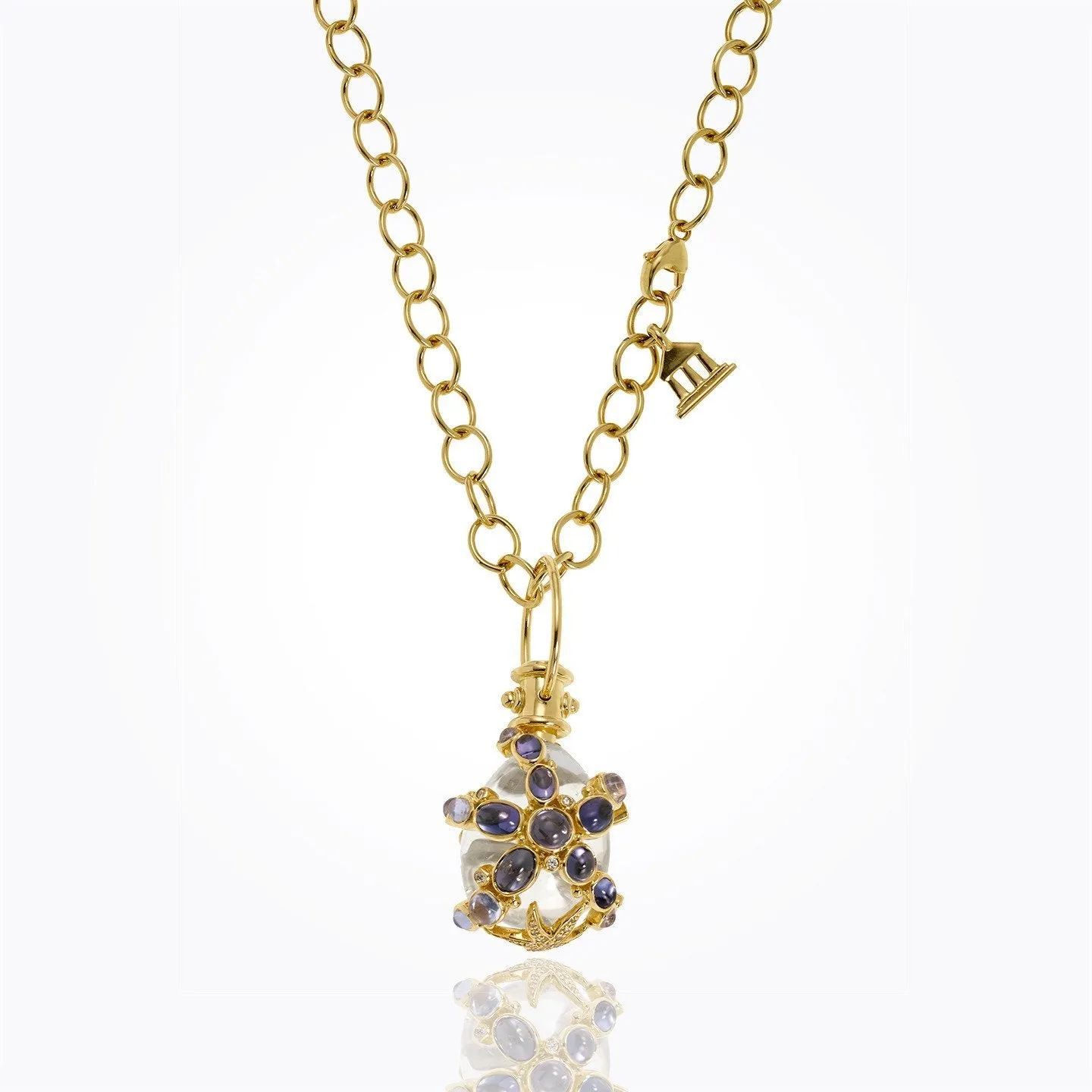 18K Sea Star Amulet with oval rock crystal, tanzanite, Royal Blue Moonstone, blue sapphire and diamond