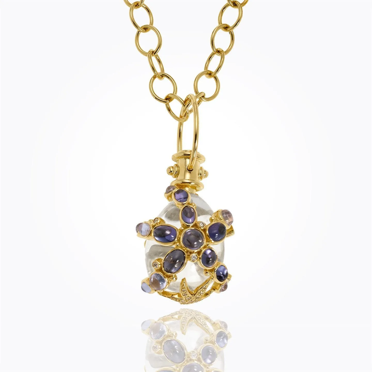 18K Sea Star Amulet with oval rock crystal, tanzanite, Royal Blue Moonstone, blue sapphire and diamond