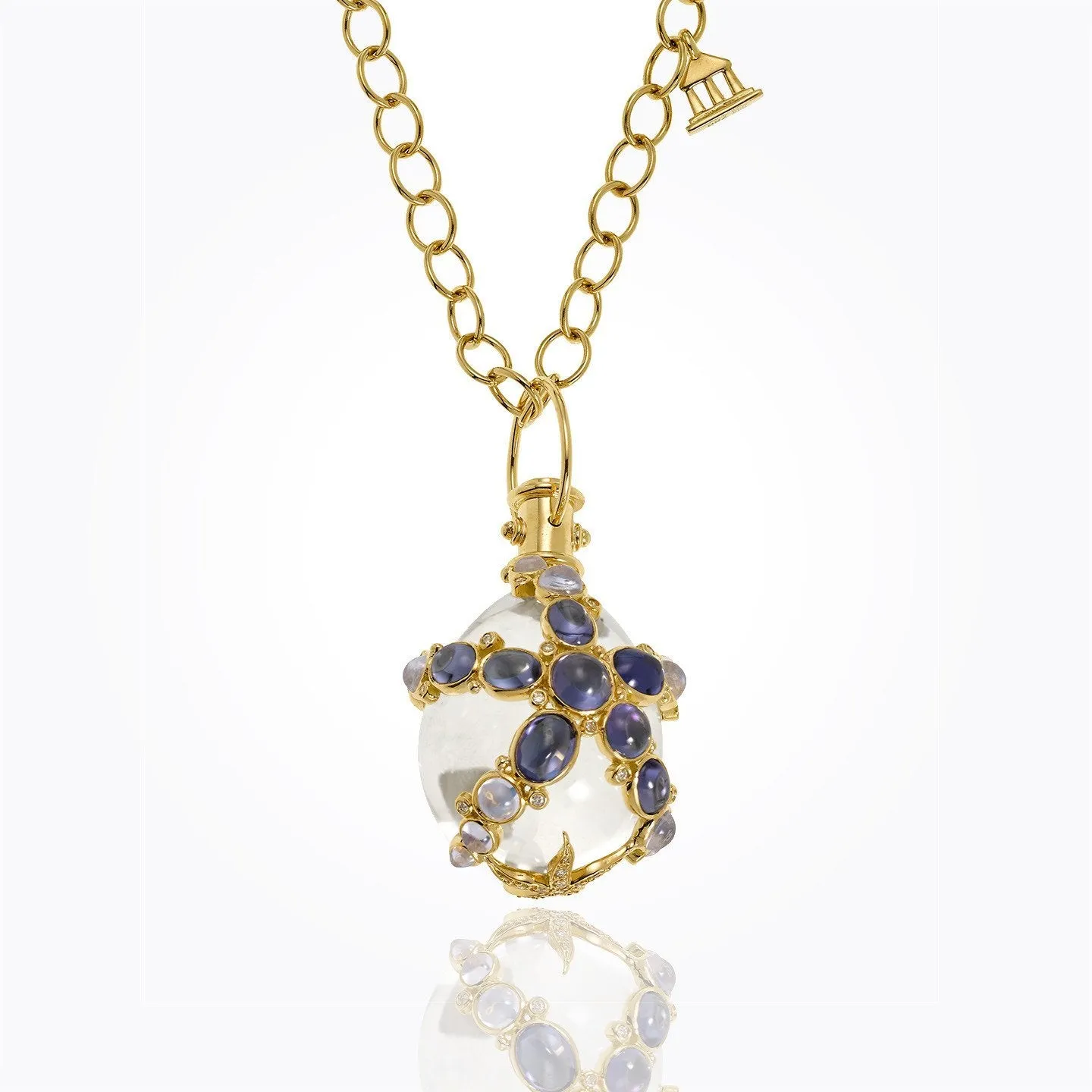 18K Sea Star Amulet with oval rock crystal, tanzanite, Royal Blue Moonstone, blue sapphire and diamond