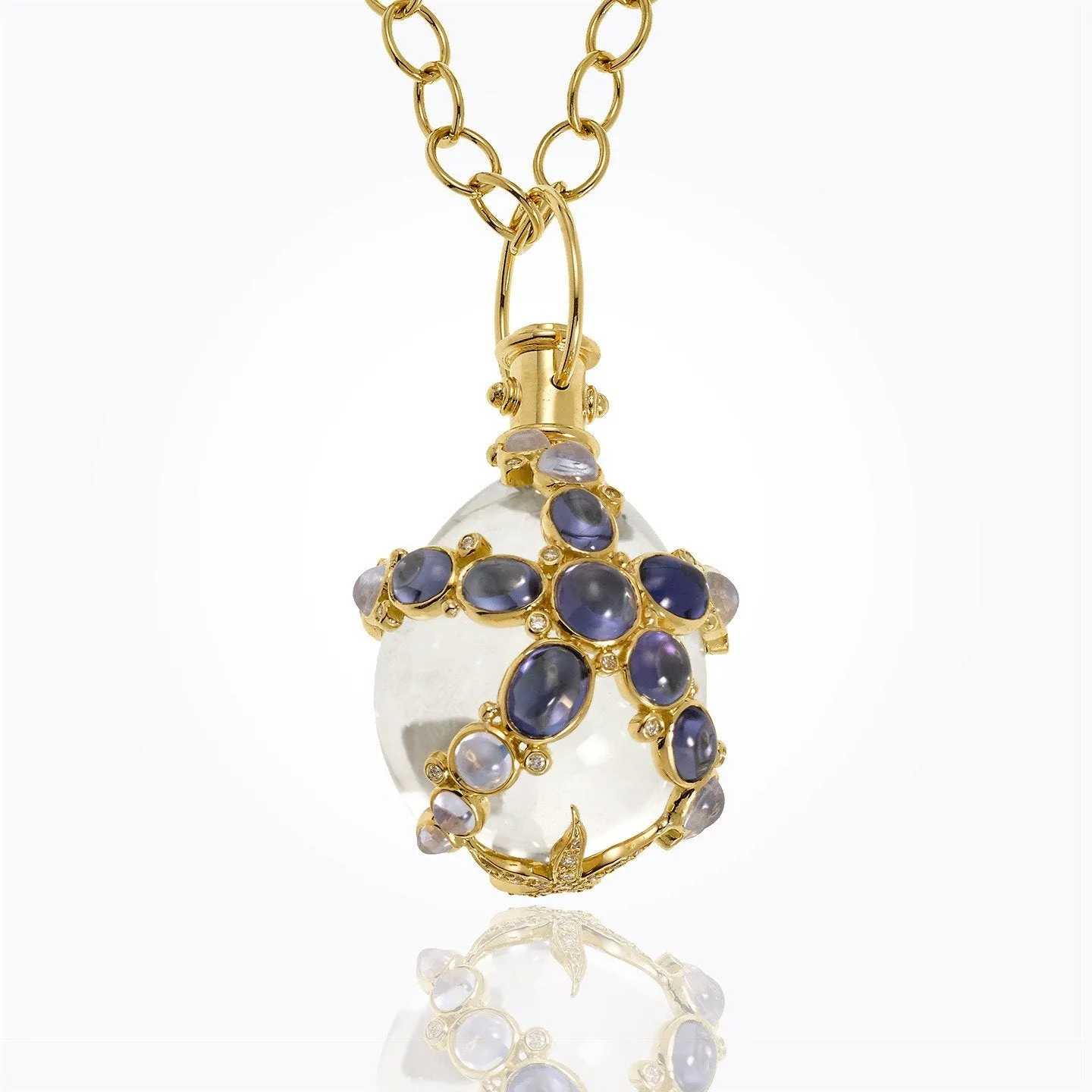 18K Sea Star Amulet with oval rock crystal, tanzanite, Royal Blue Moonstone, blue sapphire and diamond