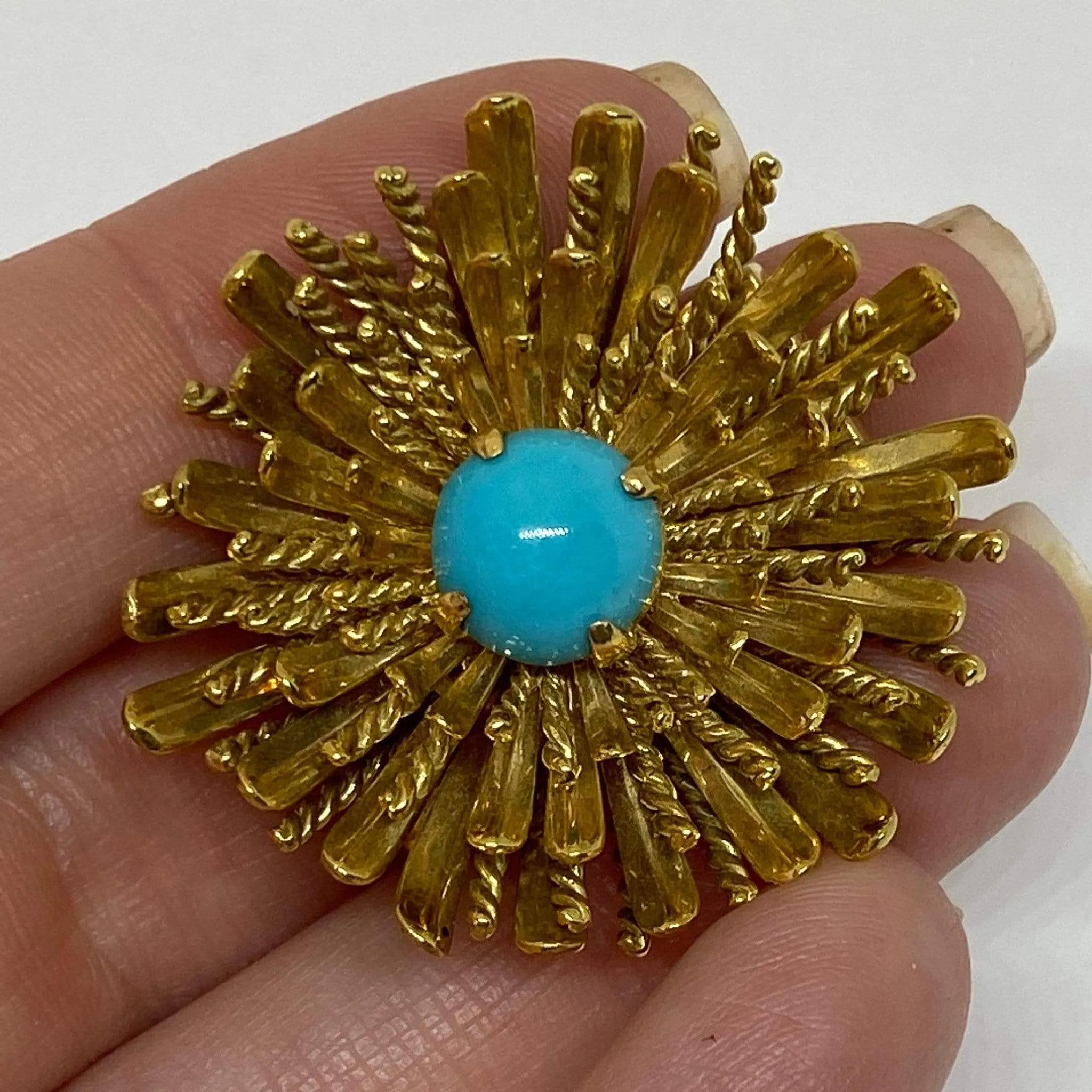 18KY Sea Urchin Turquoise Cabochon Brooch 26 grams