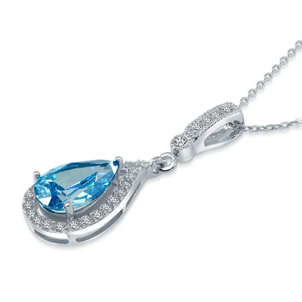 925 Sterling Silver Fashion Bridesmaid Blue Pendant Necklace Bridal Wedding Tear Drop XFN8042