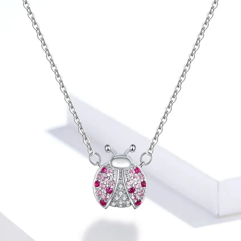 925 Sterling Silver Pink CZ Ladybug Insect Chain Pendant Necklace for Women 45cm Kid Gifts Fine Jewelry