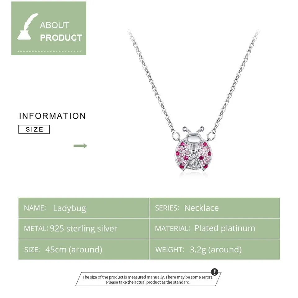 925 Sterling Silver Pink CZ Ladybug Insect Chain Pendant Necklace for Women 45cm Kid Gifts Fine Jewelry