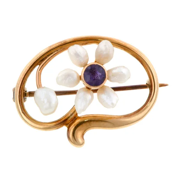 Art Nouveau Amethyst & Pearl Pin