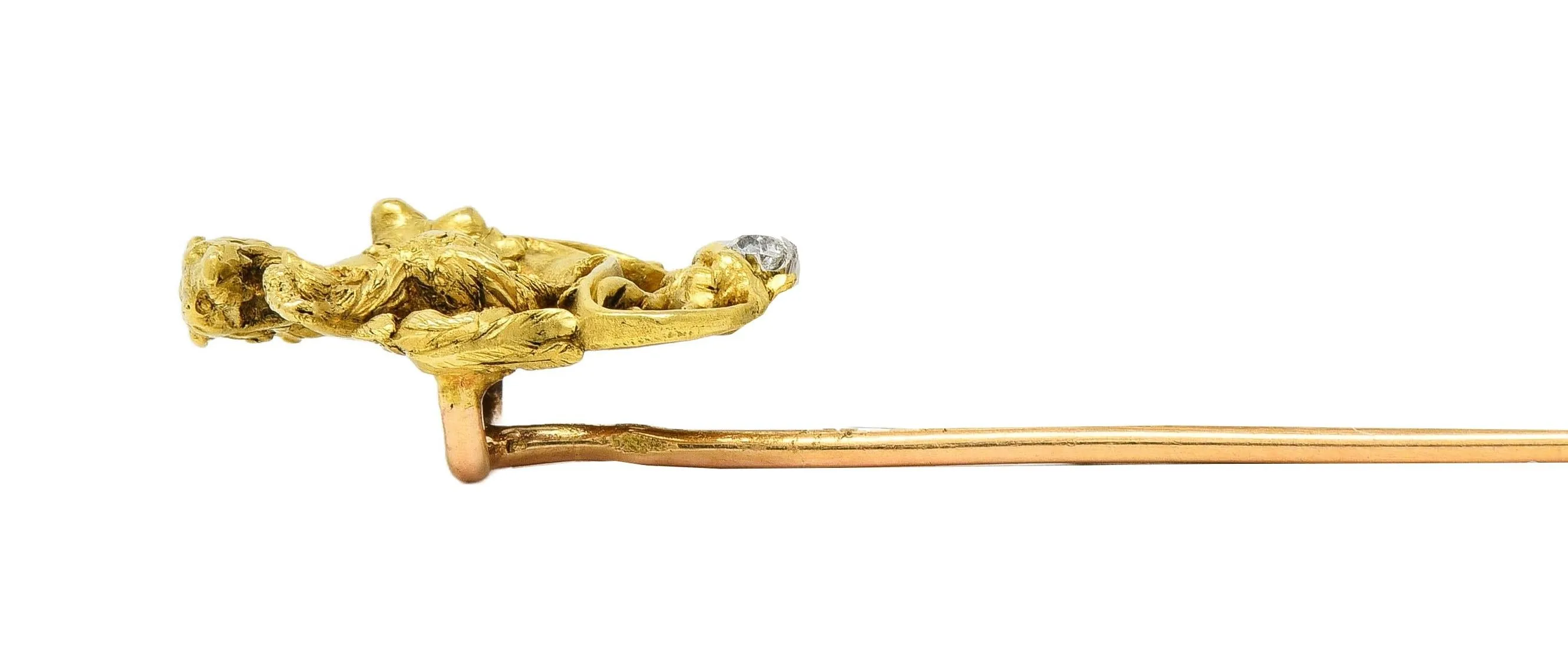 Art Nouveau French Diamond Platinum 18 Karat Yellow Gold Antique Rooster Serpent Stickpin