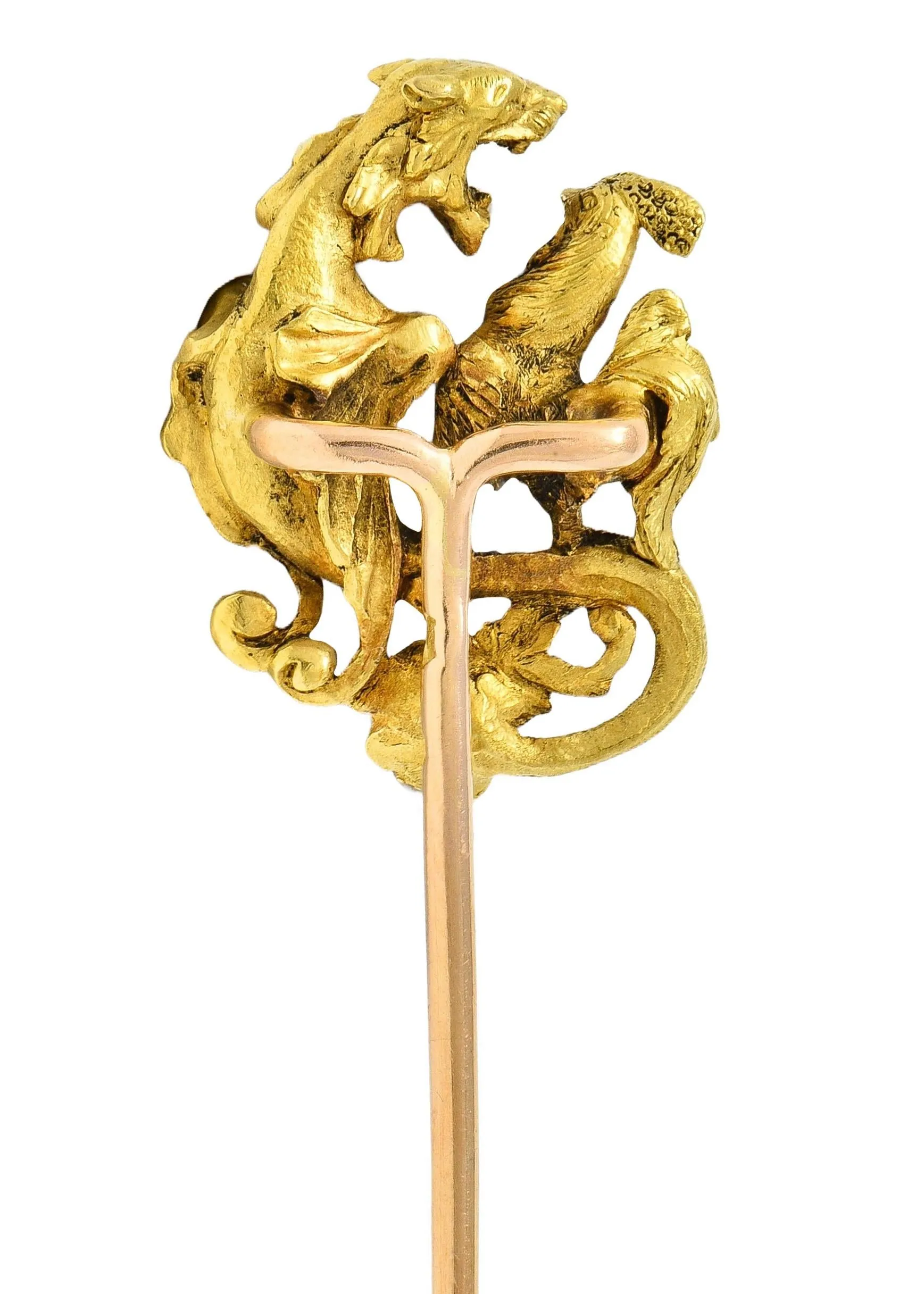 Art Nouveau French Diamond Platinum 18 Karat Yellow Gold Antique Rooster Serpent Stickpin