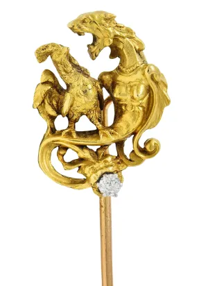 Art Nouveau French Diamond Platinum 18 Karat Yellow Gold Antique Rooster Serpent Stickpin