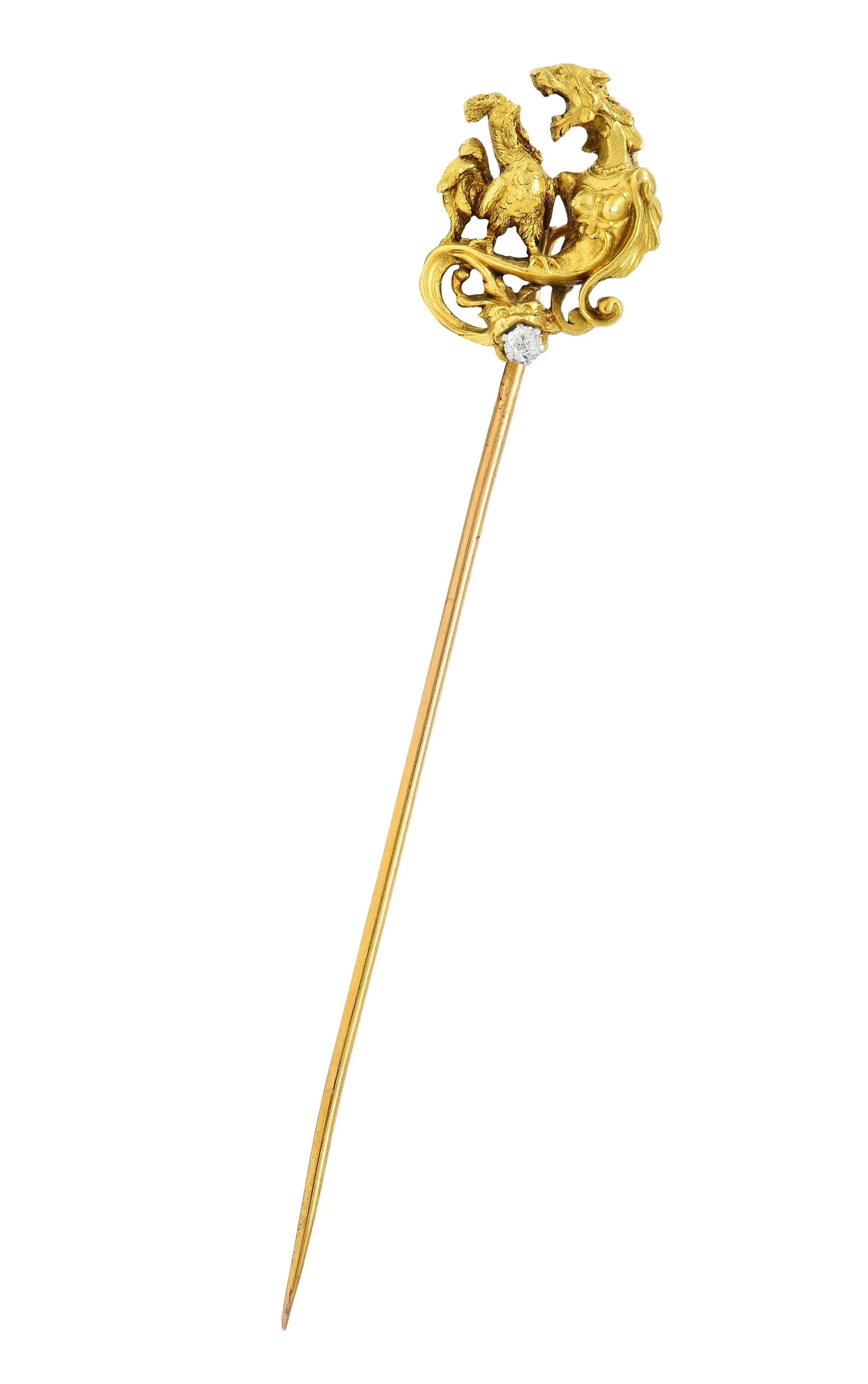 Art Nouveau French Diamond Platinum 18 Karat Yellow Gold Antique Rooster Serpent Stickpin