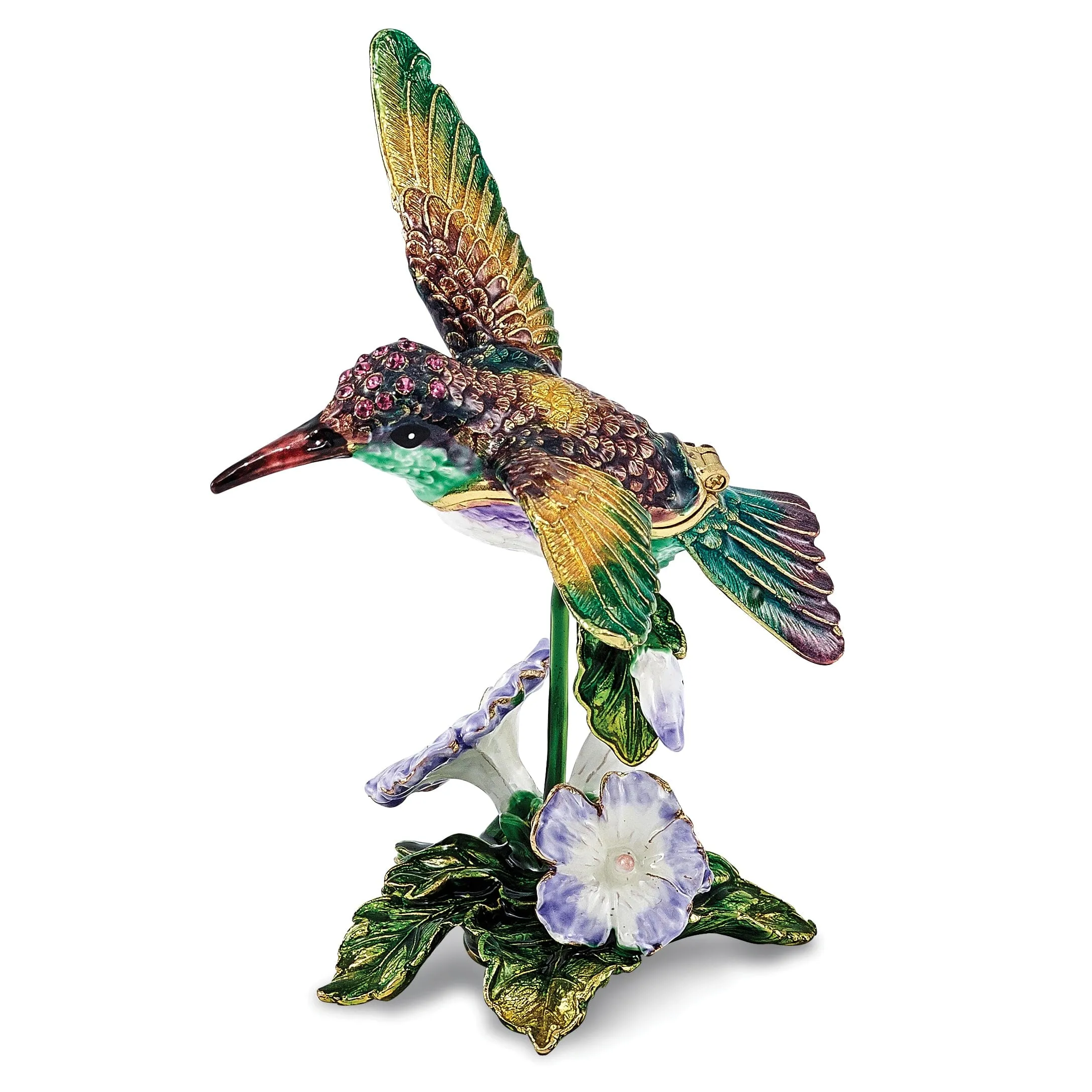 Bejeweled Pewter HUEY Hummingbird & Petunia Trinket Box Design