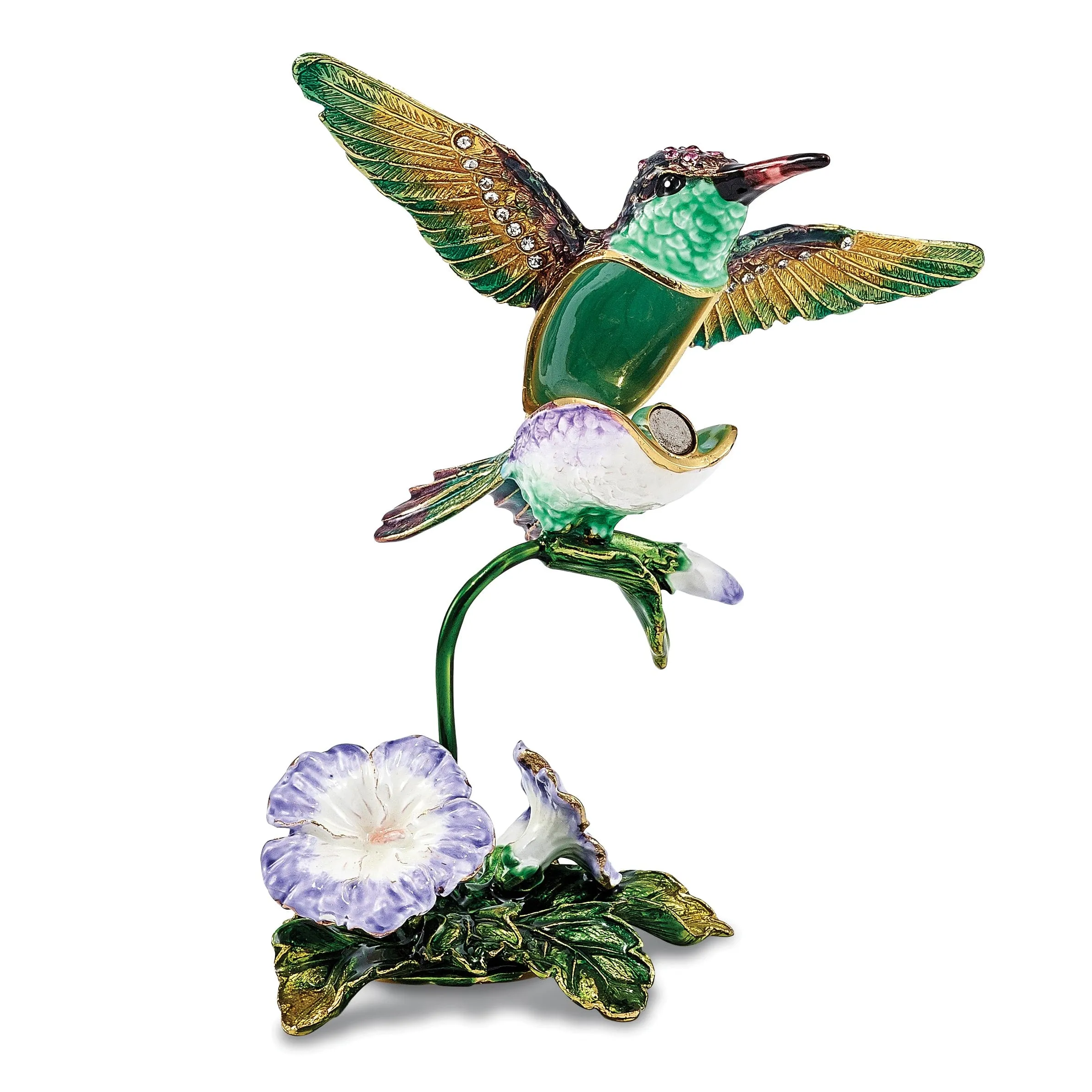 Bejeweled Pewter HUEY Hummingbird & Petunia Trinket Box Design