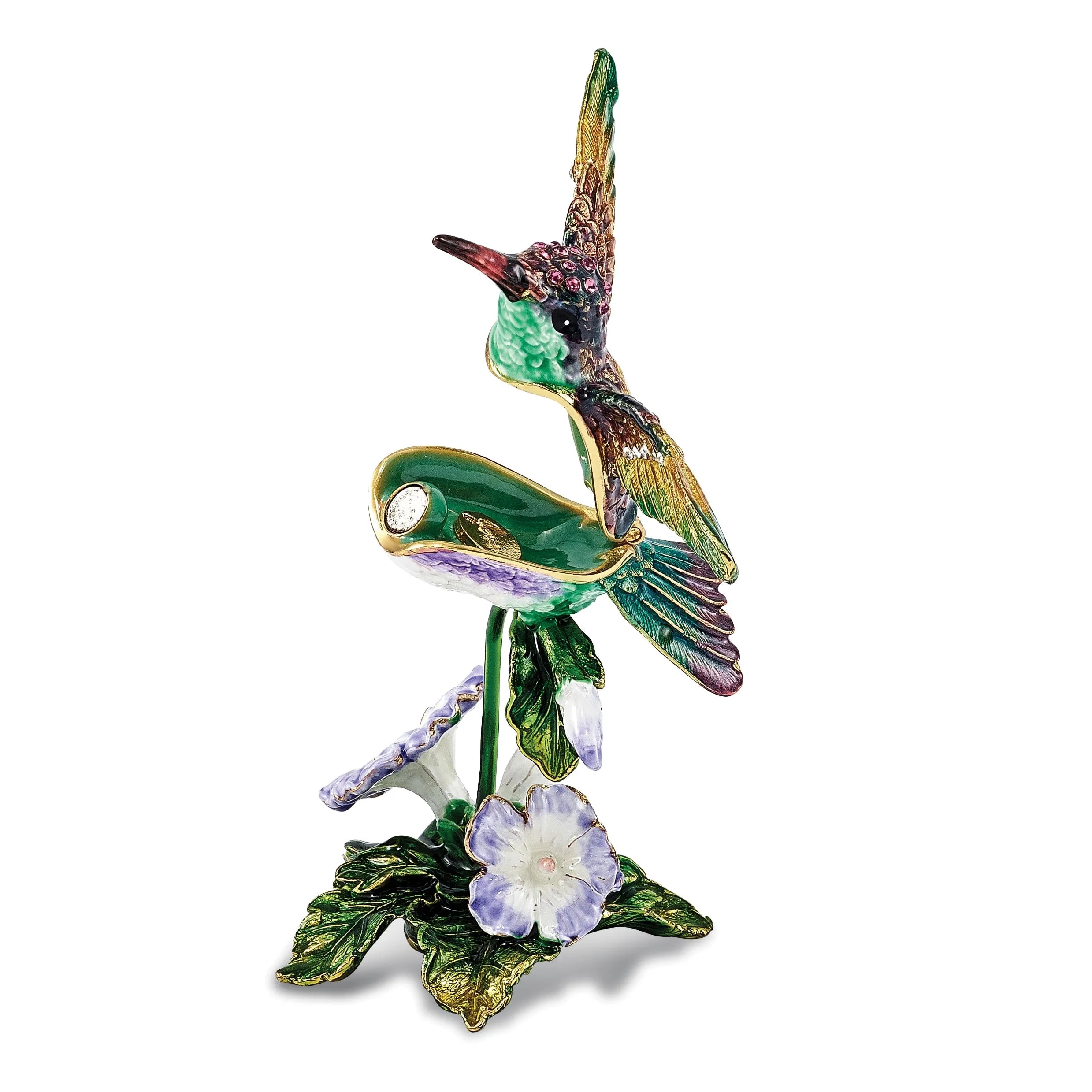 Bejeweled Pewter HUEY Hummingbird & Petunia Trinket Box Design