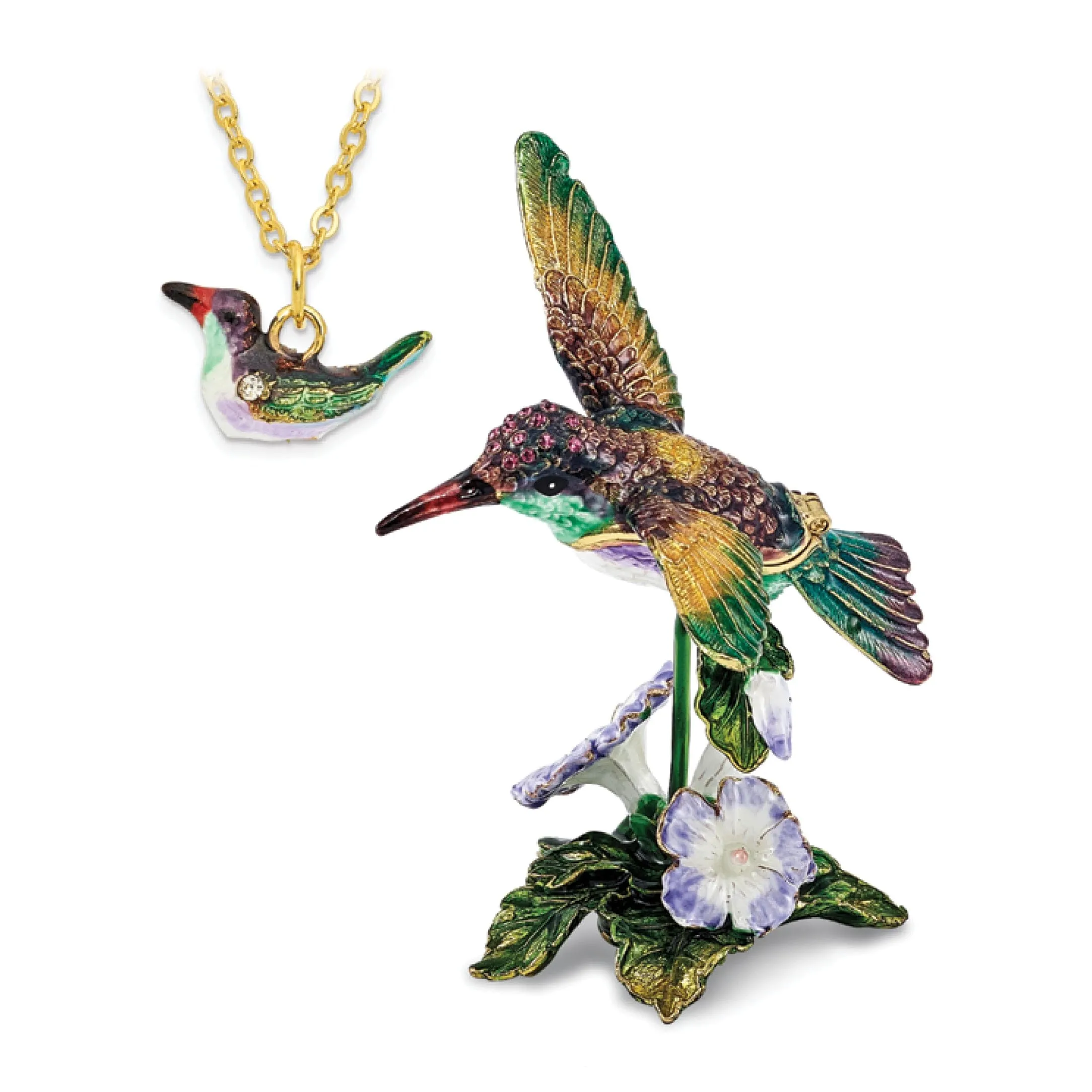 Bejeweled Pewter HUEY Hummingbird & Petunia Trinket Box Design