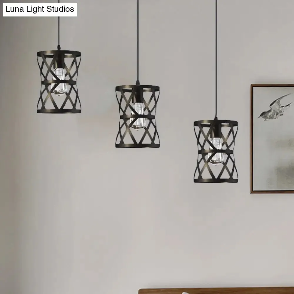 Black Metal 3-Headed Farmhouse Pendant Light with Cage Shade for Living Room Suspension