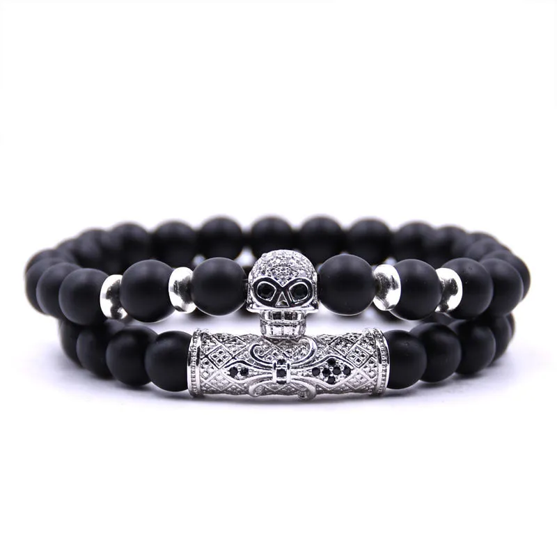 Black skull micro-inlaid zircon beaded bracelet