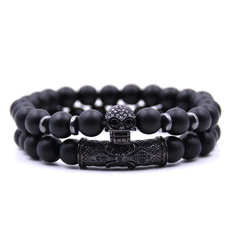 Black skull micro-inlaid zircon beaded bracelet