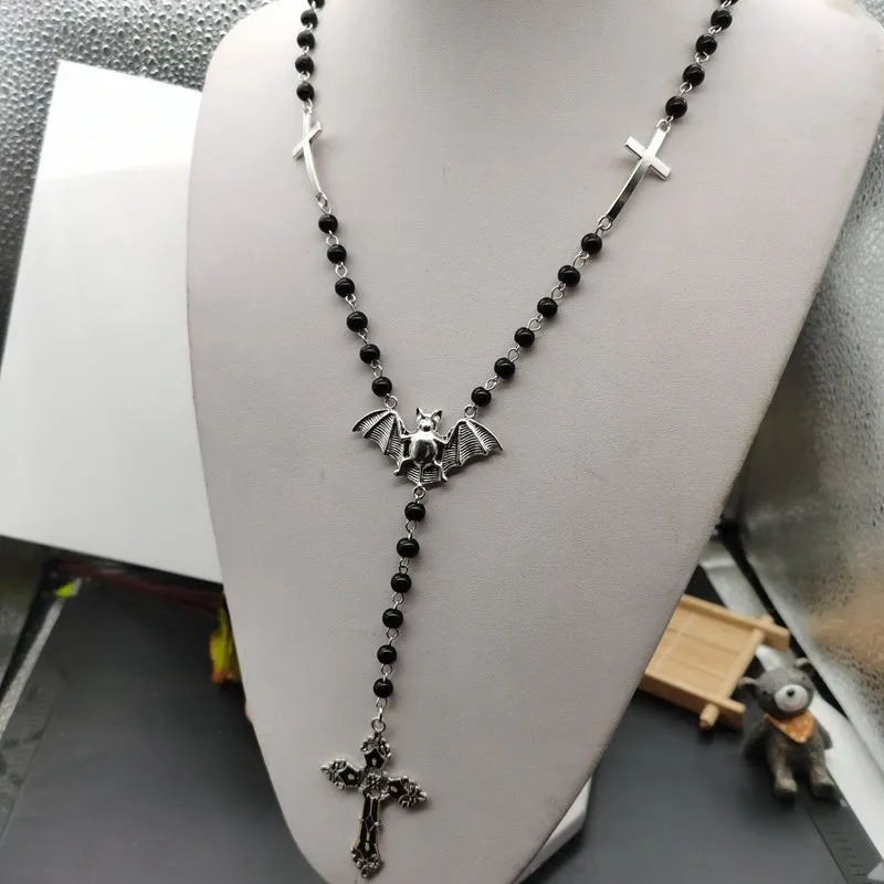 Black/Silver Rosary Necklace w/ Bat and Cross Details