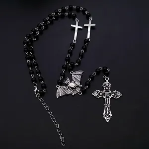 Black/Silver Rosary Necklace w/ Bat and Cross Details