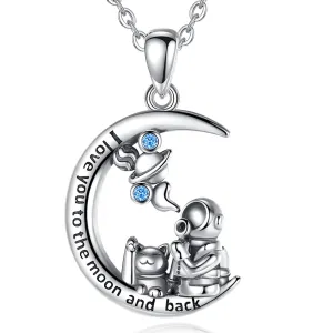 Cat Space Astronaut Moon Pendant Necklace Women Men Lover Spaceman Jewelry Gift Necklace