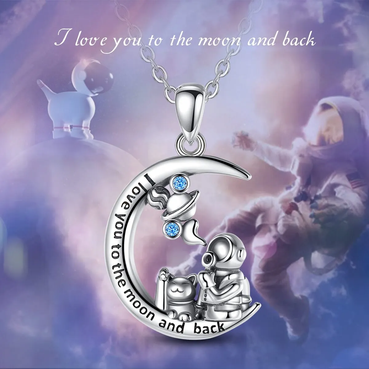 Cat Space Astronaut Moon Pendant Necklace Women Men Lover Spaceman Jewelry Gift Necklace