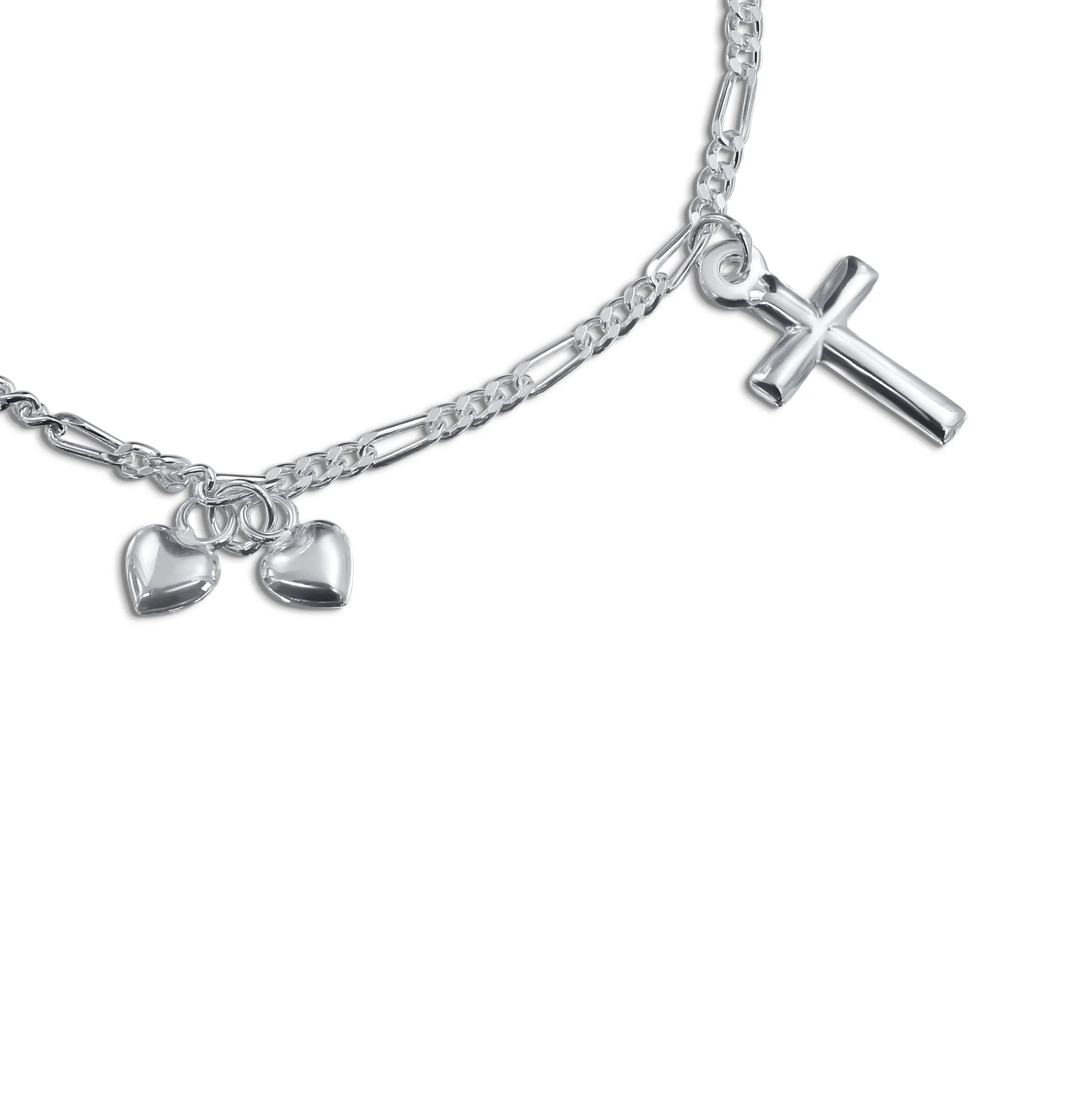 Christian Chain Link Bracelet with Cross & Heart Charms Sterling Silver 6-7 Inch