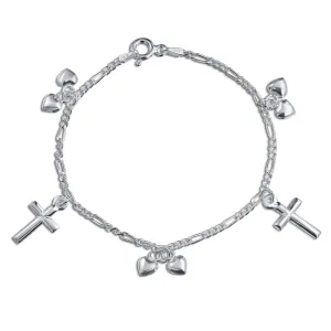 Christian Chain Link Bracelet with Cross & Heart Charms Sterling Silver 6-7 Inch