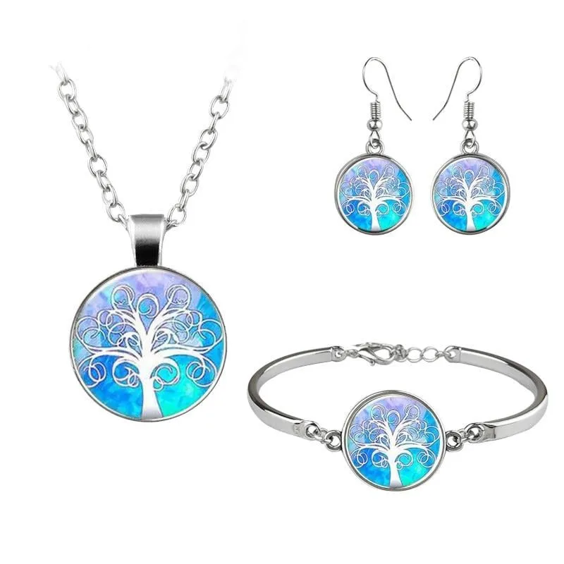 Classic Tree Of Life Jewelry Set Cute Trees Drawing Picture Glass Dome Necklace Bracelet Earrings For Women