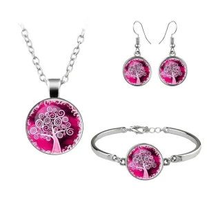 Classic Tree Of Life Jewelry Set Cute Trees Drawing Picture Glass Dome Necklace Bracelet Earrings For Women