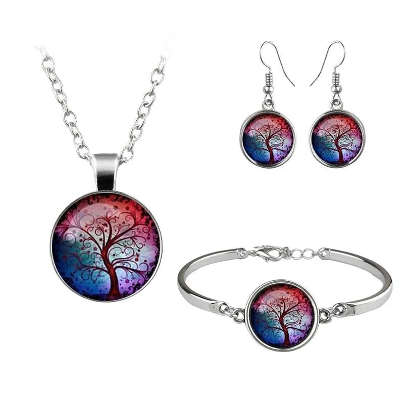 Classic Tree Of Life Jewelry Set Cute Trees Drawing Picture Glass Dome Necklace Bracelet Earrings For Women