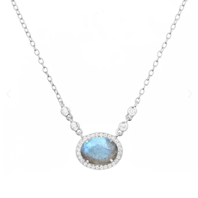 CLEARANCE - Kamaria Silver Oval Gemstone Halo Necklaces