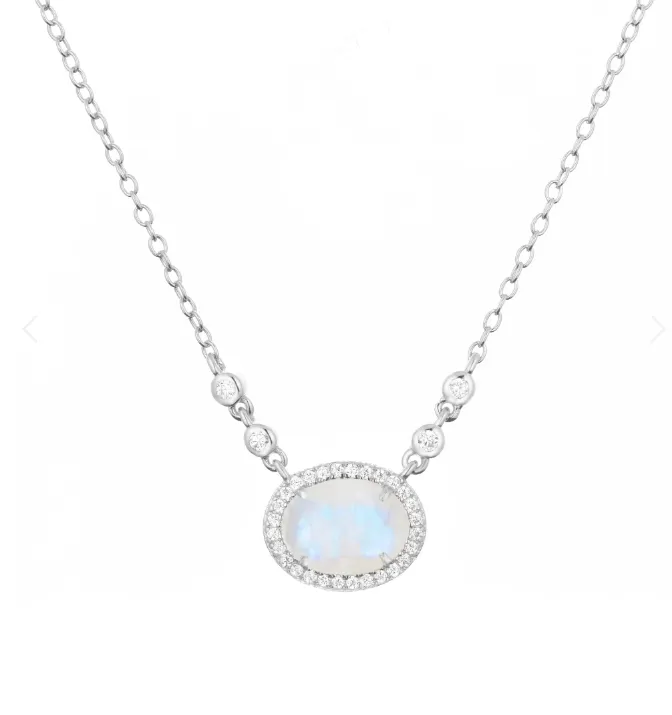 CLEARANCE - Kamaria Silver Oval Gemstone Halo Necklaces