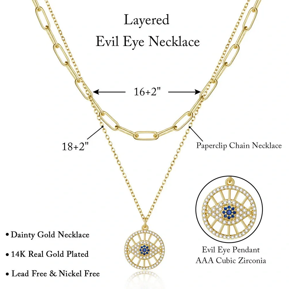 Dainty 14K Gold Layered Evil Eye Religious Necklace- Round Evil Eye Paperclip