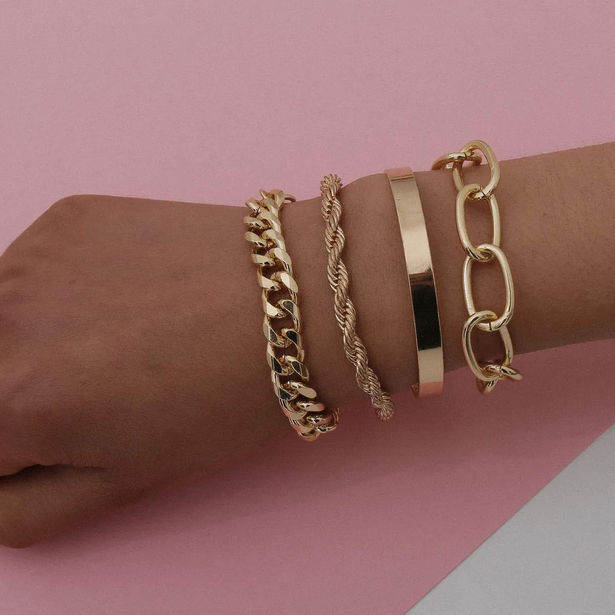 Dainty Boho Chunky Flat Cable Gold Chain Bracelets Set