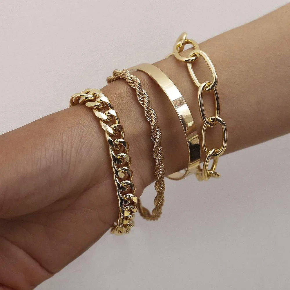 Dainty Boho Chunky Flat Cable Gold Chain Bracelets Set